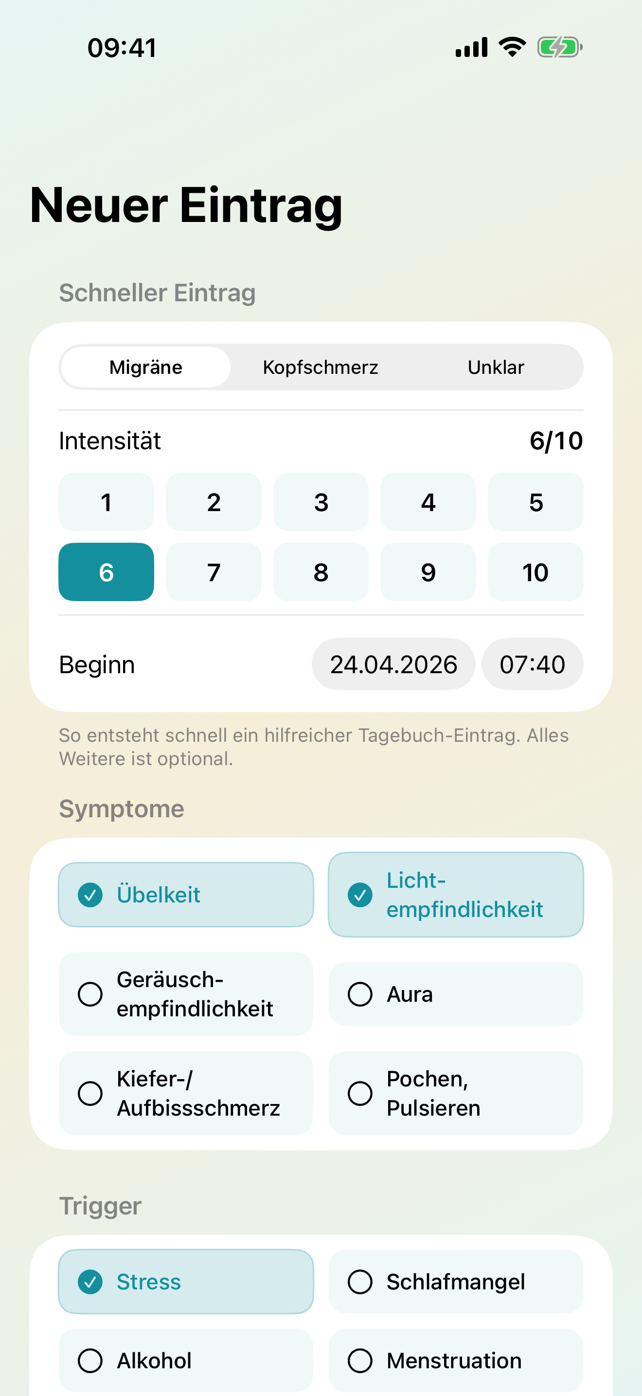 Neuer Schmerzeintrag mit Typ, Zeitpunkt und Intensität